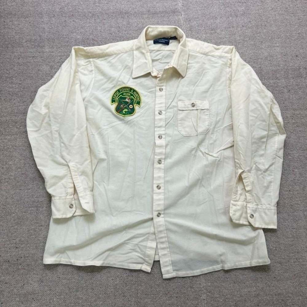 Vintage Arrow Button Up Shirt Mens XL White 1970s Patch Work Hunting